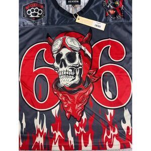 Reason Brand Bat Out Of Hell 66 Football Jersey Skull Flames Grey Mens Small